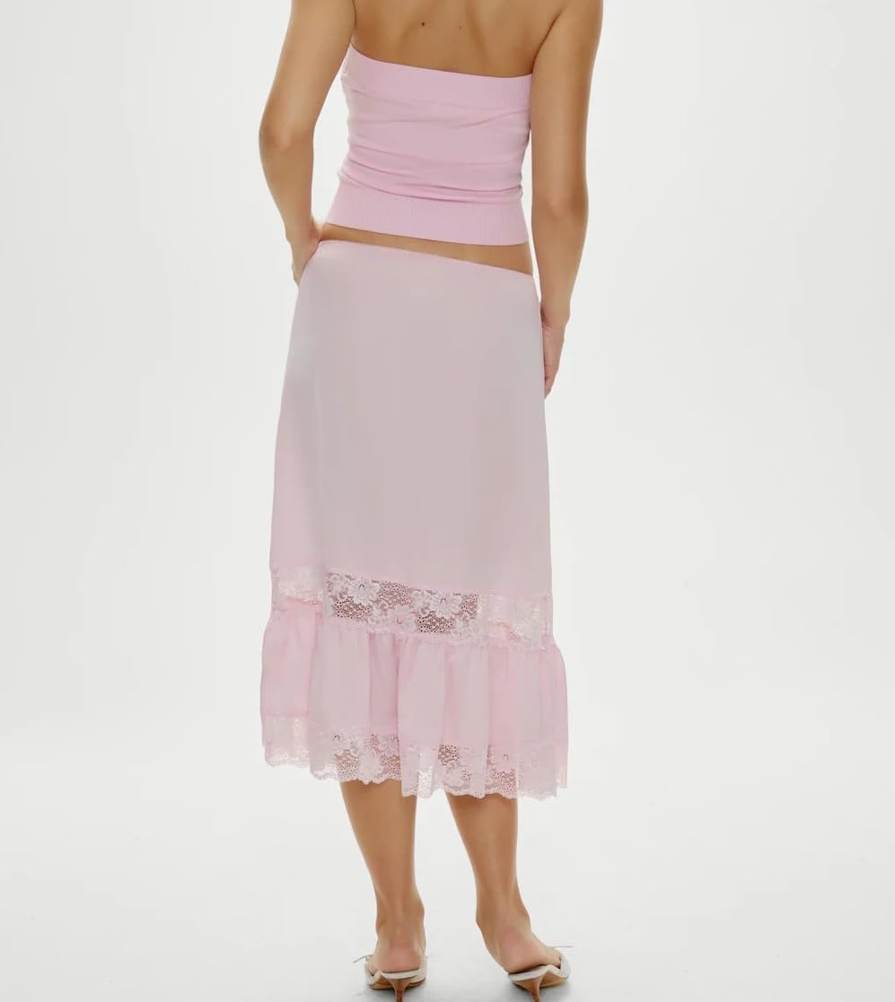 Aonoapll Women Satin Lace Long Skirt Elastic Waist Silky Lace Trim Midi Skirt Y2k Half Slip Maxi Skirts for Under Dress - Image 4