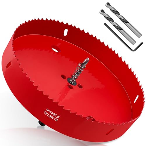 Yeepeo Sierras de Corona 200mm, M42 HSS Bi-Metal Corona Taladro con Adaptador Hexagonal y Taladro, Corona Metal para Pladur Madera Plástico, 1 pieza Rojo