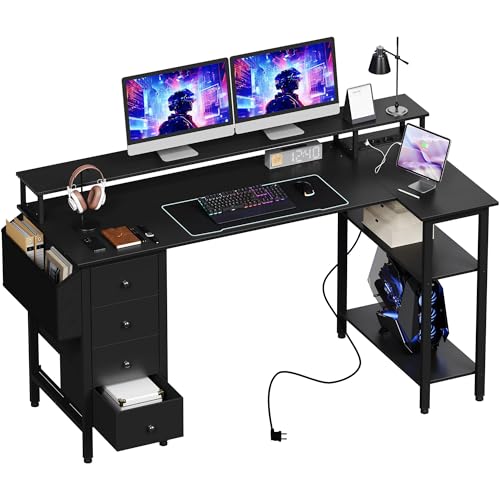 Abician Bureau Gaming avec 4 Tiroirs, 140x68cm Bureau en L avec Prise de Charge USB et Prise de Courant, Table Informatique Réversible avec Support d'écran pour...