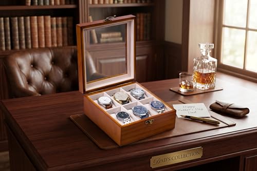 Image of Watch Box, Watch Case for Men Women with Large Glass Lid, Wooden Watch Display Storage Box with 6 - Slots, Classic Walnut 6x2 Mens Watch Box Organizer