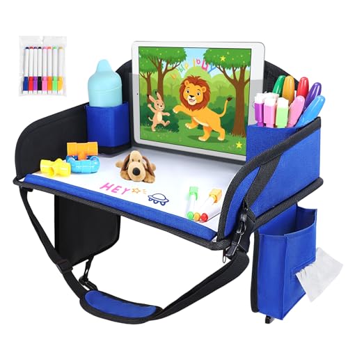 WENRENER Kids Travel Tray for Airplane - Toddler Car Seat Table Tray, Road Trip Essentials for Boys & Girls, Carseat Lap Desk for Kids Road Trip Activities(Navy Blue)