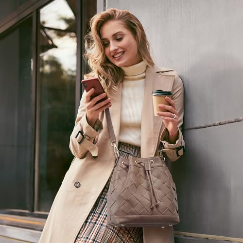 Kattee Woven Leather Bucket Bags for Women, Drawstring Crossbody Hobo Purses and Shoulder Handbags with 2 Straps2