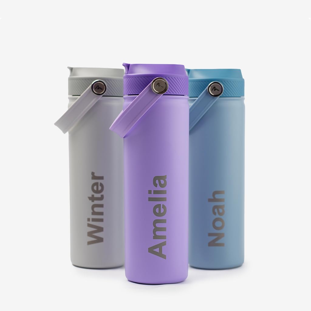 Minaym Personalised Stainless Steel Water Bottle, 750ml, Leak Proof, BPA Free, for School, Gym, Sports (Purple)