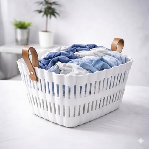 Image of AIR O MATIC Plastic Ractangle Laundry Basket with Breathable Slotted Design & Ergonomic Leather Grip Handles - Large Ventilated Clothes Hamper for Bedroom, Bathroom & Laundry Room (White)