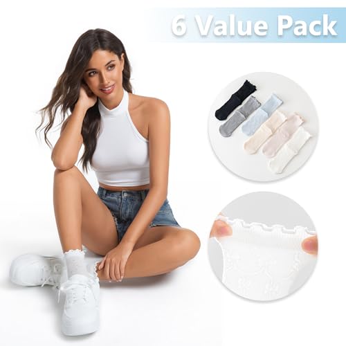 Women's Ruffle Socks,Cute sheer Thin Cotton Sock, Friily Cuff,Cool Lace Elegant Socks,Girl's Sock 6 Pack (Size5-9)2