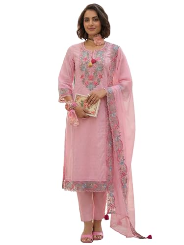 Image of INDO ERA Women's Pure Cotton Floral Embroidered Straight Calf Length Kurta with Pant & Dupatta Set (IERAI10721)