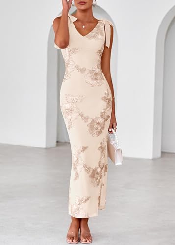 Lazysmile Womens Floral Embroidered Maxi Dress Sleeveless V Neck Tie Strap Ribbon Flower Mesh Party Cocktail Dresses — view 3