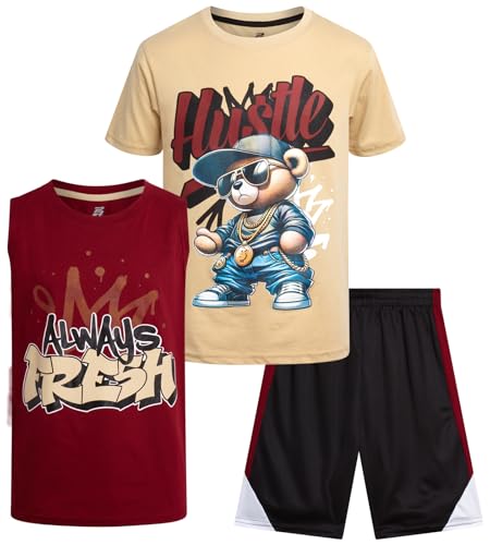 Image of Pro Athlete Boys Active Shorts Set - 3 Piece Athletic Dry Fit Graphic Tees Tank Tops and Basketball Shorts for Boys