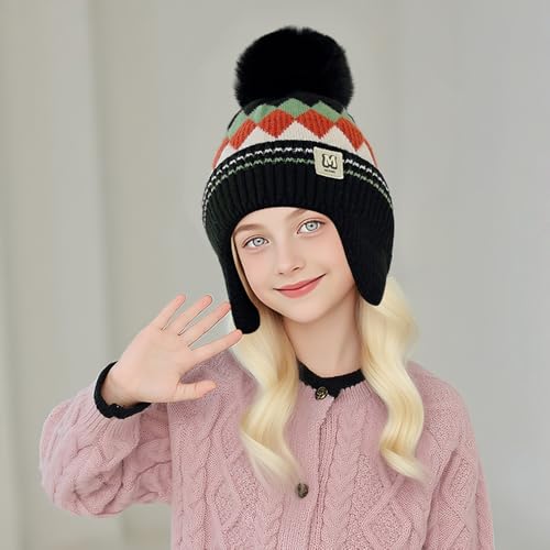 Argyle Check Knit Kids Winter Hat Warm Fleece Beanie Hats with Ear Flaps for Girls Boys4