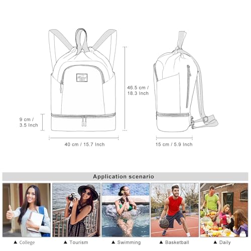 Image of Kamo Drawstring Backpack Bag - Sport Swimming Yoga Backpack with Shoe Compartment, Two Water Bottle Holder for Men Women Large String Backpack Athletic Sackpack for Travel