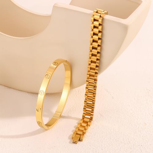 2Pcs 18K Gold Plated Stackable Love Bangle Bracelets for Women,Gold Chain Link Watch Bracelet Set,Non-Tarnish Stainless Steel Jewelry with Adjustable Tool. 5
