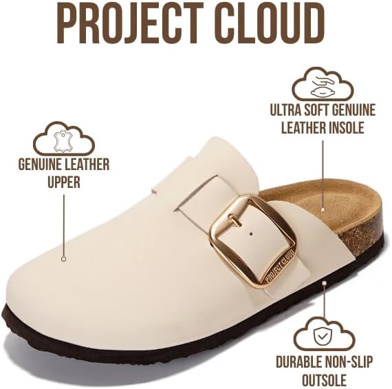 Project Cloud 100% Genuine Leather Clogs for Women Shoes - Memory Foam Insole, Non-Slip & Natural Cork Footbed Arch Support Big Buckle Womens Clogs and Mules Footwear (Manchester) - Image 3