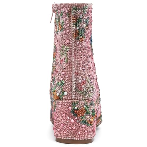 Image of YAYONE Rhinestone Zipper Sparkly Ankle Boots - Glitter Pointed Toe Fashion Comfortable Shoes, Pull on Chunky Heel Western Boots