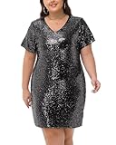 Anna-Kaci Women's Plus Size Short Sleeve Sequin Dresses V Neck T Shirt Shift Sparkle Dress, Black, XX-Large
