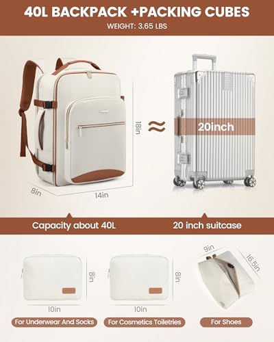 Image of LOVEVOOK Travel Backpack for Women & Men 40L,Airline Approved Carry On Backpack Travel Essentials,TSA Carry on Luggage,Waterproof Personal Item Travel Bag,Suitcase with 3 Packing Cubes,Beige-Brown