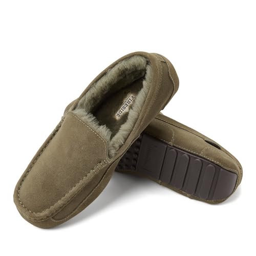 Image of Fireside By Dearfoams Men's Melbourne Genuine Shearling Moccasin Slippers, Memory Foam Sudede Loafers Slip-in House Shoes
