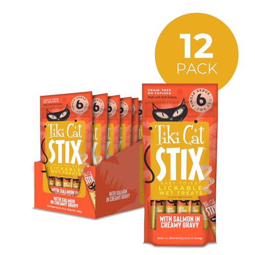 Tiki Cat Stix Mousse Treats, Single Serve Indulgent Lickable Treat or Dry Food Topper, with Salmon in Creamy Gravy, 3 oz. Pouch (Pack of 6)