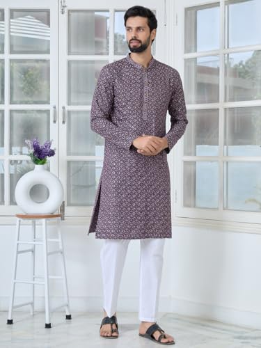 Image of See Designs Men's Full Sleeve Mandarin Collar Men Embroidered Straight Long Kurta - Festive Collection
