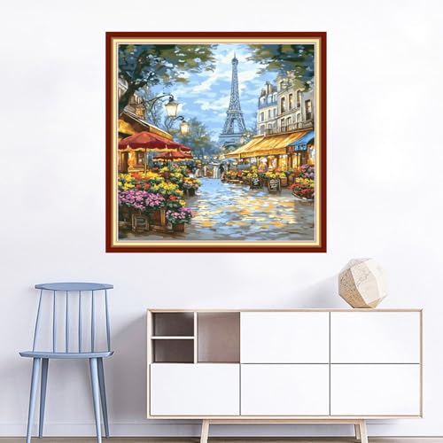 Image of Joyhoor Cross Stitch Kits for Beginners Stamped Cross-Stitch Supplies Needlework preprint Embroidery Kits for Adults DIY Needlepoint Kits Embroidery Patterns 11CT-Street Eiffel Tower 18x18 inchs