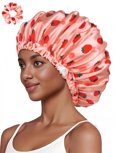Vettres Silk Hair Bonnet for Sleeping with Scrunchie Adjustable Sleep Bonnets Double Layer Satin Sleep Cap for Curly Hair Strawberries
