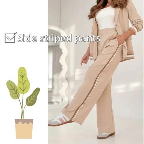 2025 Temperament Solid Color Ribbed Suit Set, Womens Dressy 2 Piece Pant Suits,Blazer and Straight Leg Pants Sets3
