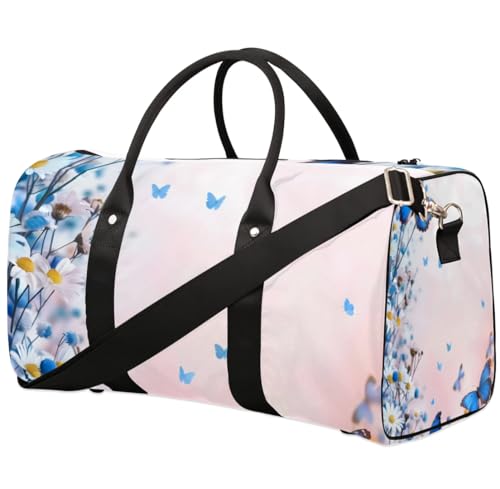 Travel Duffel Bag, Spring Blue Butterfly Flower Floral Sports Tote Gym Bag Foldable Western Aztec Weekender Bag Carry on Luggage Handle Bag Overnight Shoulder Bag for Women Men,A-300