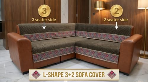 Image of KINGLY L-Shape Sofa Cover 5 Seater 3+2 Velvet Full Cover - Chocolate Brown | Fully covered quilted velvet slipcover, washable anti-slip furniture protector, L-type corner sofa cover for living room