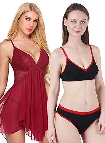 Image of Love Maker Lace Net Stylish Women Nightwear with Cotton Bra Panty Set for Women, Non Padded Bra Panty Set for Women & Night Wear Honeymoon Nighty for Women.