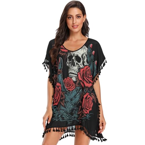 Red Rose Hand Skull Art Women's Beach Cover Up Chiffon Tassel Swimwear Swimsuit Coverups for Girl