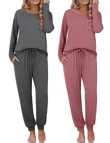 Image of Ekouaer 2 Pack Womens Pajama Sets Long Sleeve Pjs Soft Comfy Lounge Set