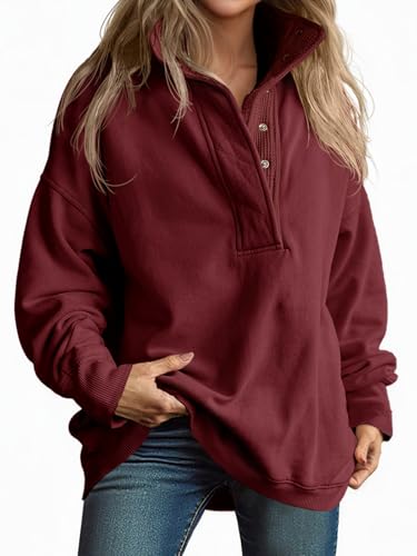 Fisoew Womens Oversized Sweatshirt Casual Snap Stand Collar Long Sleeve
