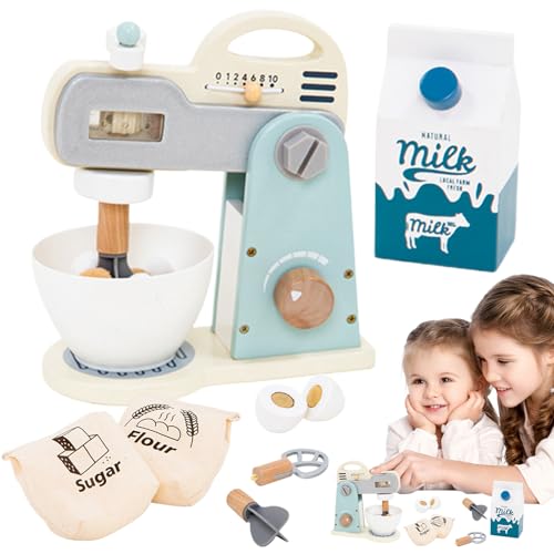 Zuasdvnk Batidora de juguete, juego de cocina con batidora, juego de accesorios de cocina, juego de madera para niños de 3 a 5 años