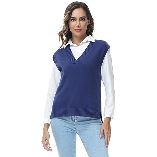 MODFUL Women Knitted Vest Sleeveless V-Neck Sweater Chunky Classic Jumper Pullover (Blue, XL)