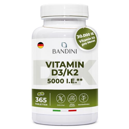 Bandini Vitamin D3 K2 hochdosiert | 365 Mikrotabletten - 5000 IU (125mcg) pro Tablette - Vitamin D 3 + 100 mcg K2 >99 7+% All-Trans K 2-MK7 | Immunsystem Knochen | 1 Tablette alle 5 Tage