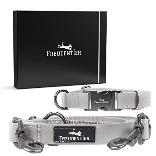 FREUDENTIER® Hundeleine (2m) und Hundehalsband aus veganem Leder im Set | Black Edition inkl. Geschenkbox | 3-Fach verstellbare Leine | Das Original