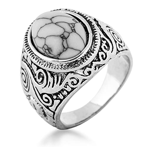 Akitsune Suzaku Ring | Damen Herren Edelstahl Ring Oval Stein Naturstein Türkis Tigerauge - Weiß Türkis - US 6 Cover