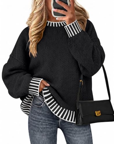 Image of Fall Clothes for Women 2026 Fashion Outfits Knitted Oversized Sweaters | Disamer Womens Sweater Trendy,Color Block Crew Neck Long Sleeve Knitted Pullover Jumper Tops,Striped,Winter Cute Sweaters