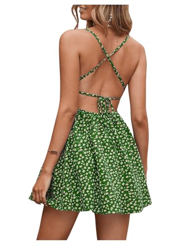 Floerns Women's Summer Ditsy Floral Backless Tie Back Sleeveless Cami Mini Dress Green M