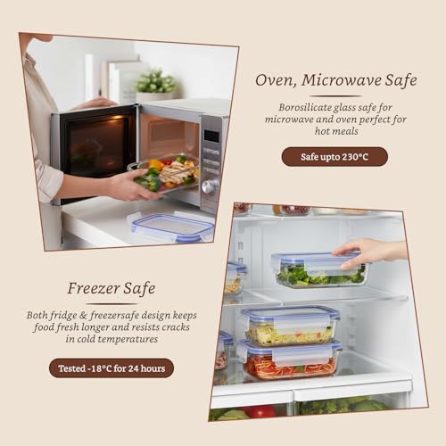 Image of Amazon Brand - Solimo Rectangular Glass Food Storage Container, 340 ml - Set of 3, Airtight & Leakproof, Microwave & Freezer Safe, Transparent