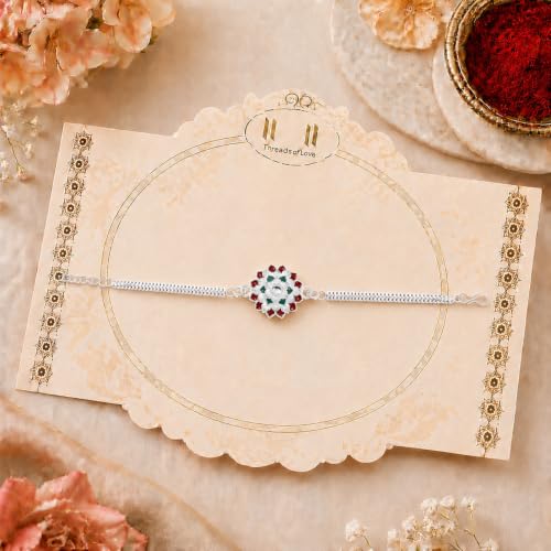 Image of Oblivion Rakhi for Brother - Silver Color Flower Shape Rakhi with Silver Color Pooja Coin, Greeting Card & Roli Chawal, Traditional Raksha Bandhan Festive Celebrations Combo Pack for Bhai (K1 A36)