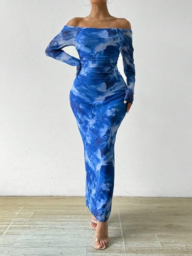 Image of LIGHT DOT Women's Printed Off Shoulder Maxi Dress Long Sleeve Bodycon Ruched Mesh Cocktail Dress