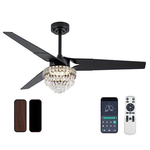 Chandelier Ceiling Fans With Lights And Remote, Chandelier Fan Ceiling,Crystal Ceiling Fan Fandelier With Lights,6 Speed 3 Timer Quiet Ceiling With Fans For Living Room Bedroom (Black, 52 In'ch)