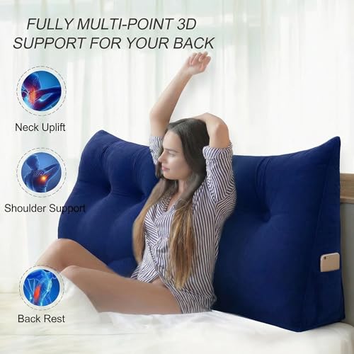 Image of Luxury Velvet Tufted Wedge Pillow with Side Pocket - Soft Headboard Back Support Cushion for Bed, Sofa & Floor Seating - Blue Color