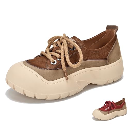 Women's Genuine Leather Lace Up Platform Fashion Sneaker Retro Anti-Collision Round Toe Low Top Soft Sole Walking Shoes Comfortable Lightweight Heighten Casual Running Sport Shoes