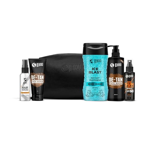 Image of Beardo Summer Essentials Combo | De-Tan Facewash,Hair Serum,Sunscreen Spray,Face Scrub, Ice Blast Body Wash & Traveller Pouch |All-in-one Kit for Men