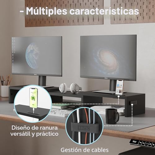 Miniatura 5 de Bontec Elevador Monitor De Madera Para Doble Monitors, Soporte Para Monitor Escritorio Con Monitor Smartphone Holder, Madera Soporte Para Monitor Escritorio De Longitud Ajustable Y Giratorio Ángulo