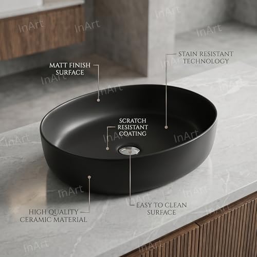 Image of InArt Ceramic Tabletop Wash Basin | Oval Above Counter Art Basin for Bathroom and Dining Area | Size: 22 x 16.5 x 5.5 Inches - Black (Matte Finish)