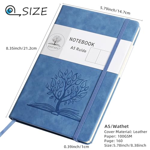 Daofary A5 Journal Notebook, Leather Ruled Notebooks 160 Pages Diary 100gsm Thick Paper Writing Hardcover Notebook with Pocket for Work Men Woman 8.4 x 5.7 in - Image 3