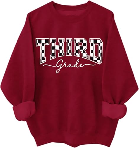 Sudadera y sudadera con capucha de tercer grado para el regreso a clases, camisa gráfica de letras a cuadros, casual, sudaderas unisex, Burdeos, 3XL