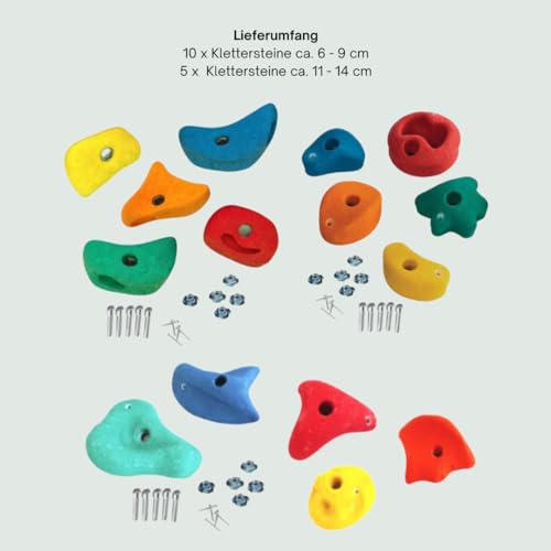 Foto von h2i Klettergriffe Kinder & Erwachsene | Klettersteine inkl. Befestigungsmaterial | Bunte Bouldergriffe für Spielturm & Kletterwand | Kletterwand Griffe für Indoor & Outdoor | 3 x 5 Stück (Mix)